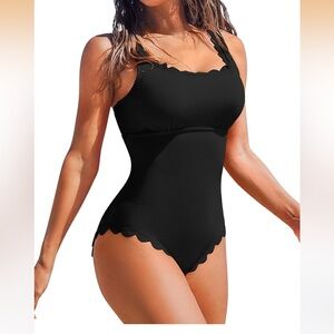 Charmo Womens Scalloped Ribbed One Piece Swimsuits Retro Square Neck small/290-2